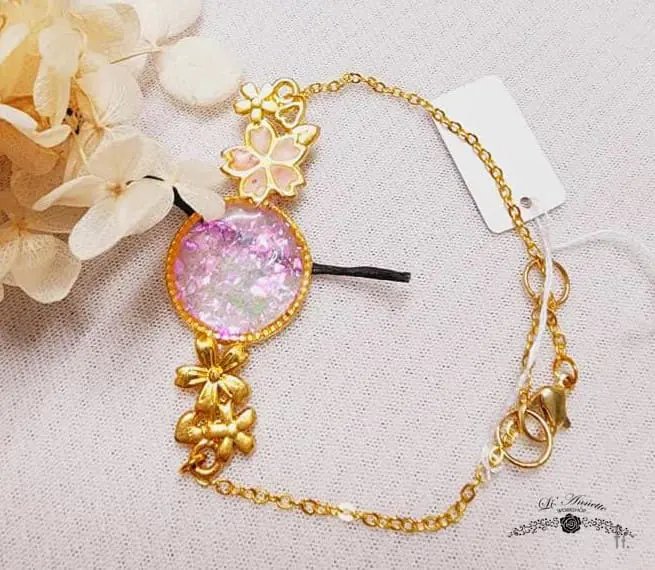 Li'Annette Pastel Pink Sakura Cherry Blossoms Resin Alloy Metallic Bracelet