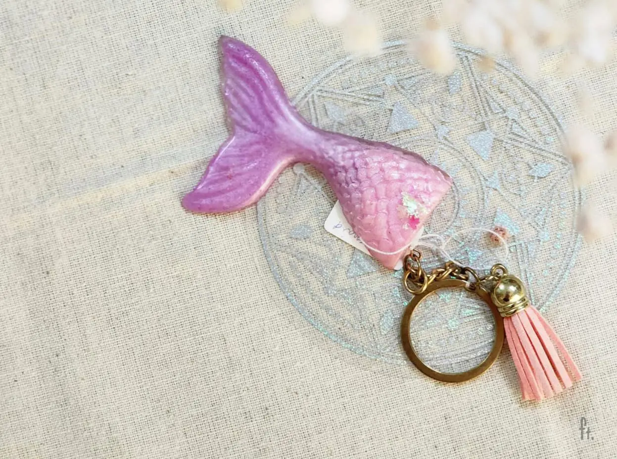 Li'Annette Pastel Pink and Purple Cotton Candy Mermaid Tail Metallic Resin Keychain