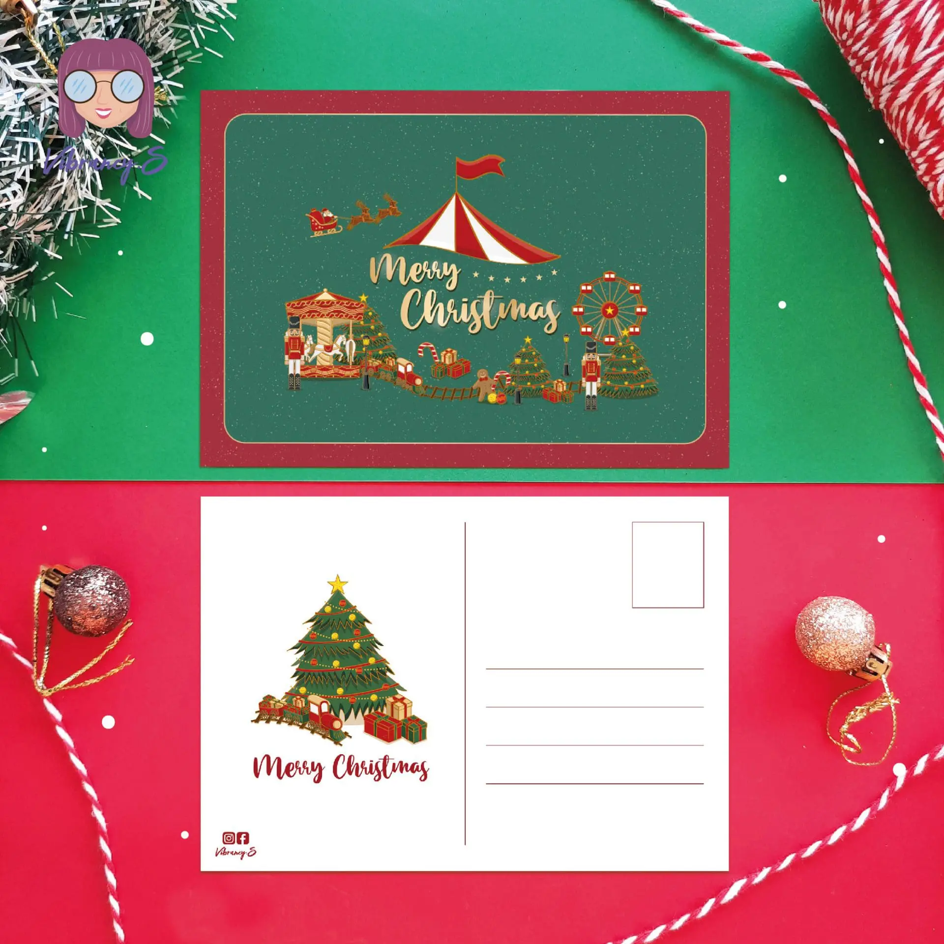 Christmas Carnival Postcard Artprint Greeting Card | Green