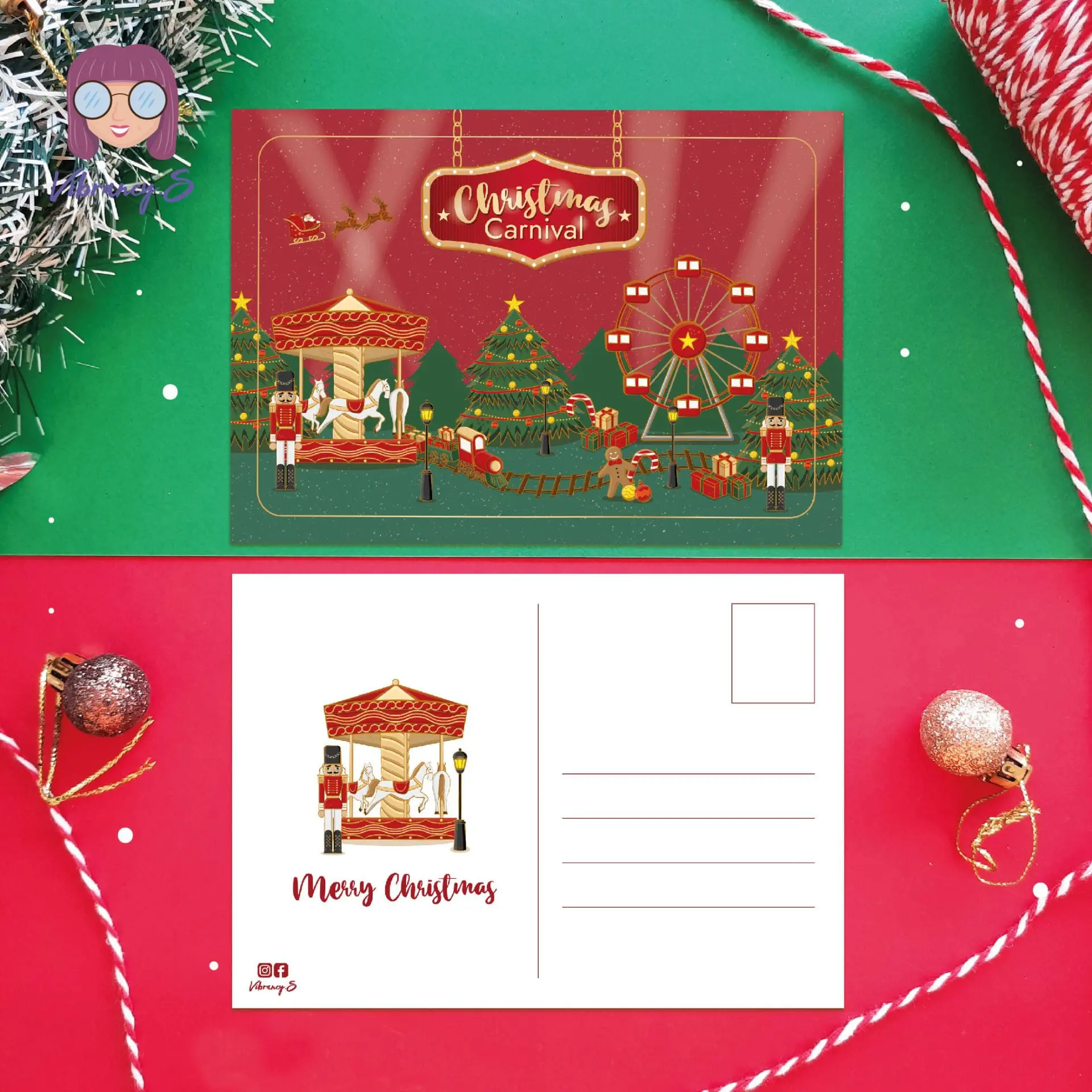 Christmas Carnival Postcard Artprint Greeting Card | Red